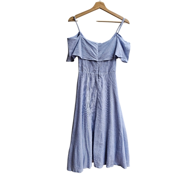 Lulus Yacht Rock Blue Striped Off Shoulder Ruffle Dress Midi Size Small - Picture 2 of 12
